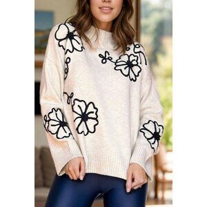 New Entro Cream Black Flower Mock Neck Long Sleeve Sweater Womens Size Large